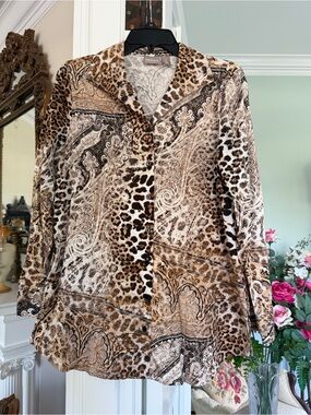 Leopard & Paisley Print Button-Front Blouse by Cato  - Beige/Brown, size 1